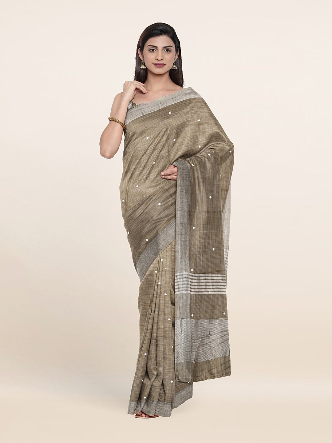 

Pothys Mirror Work Pure Linen Saree, Tan