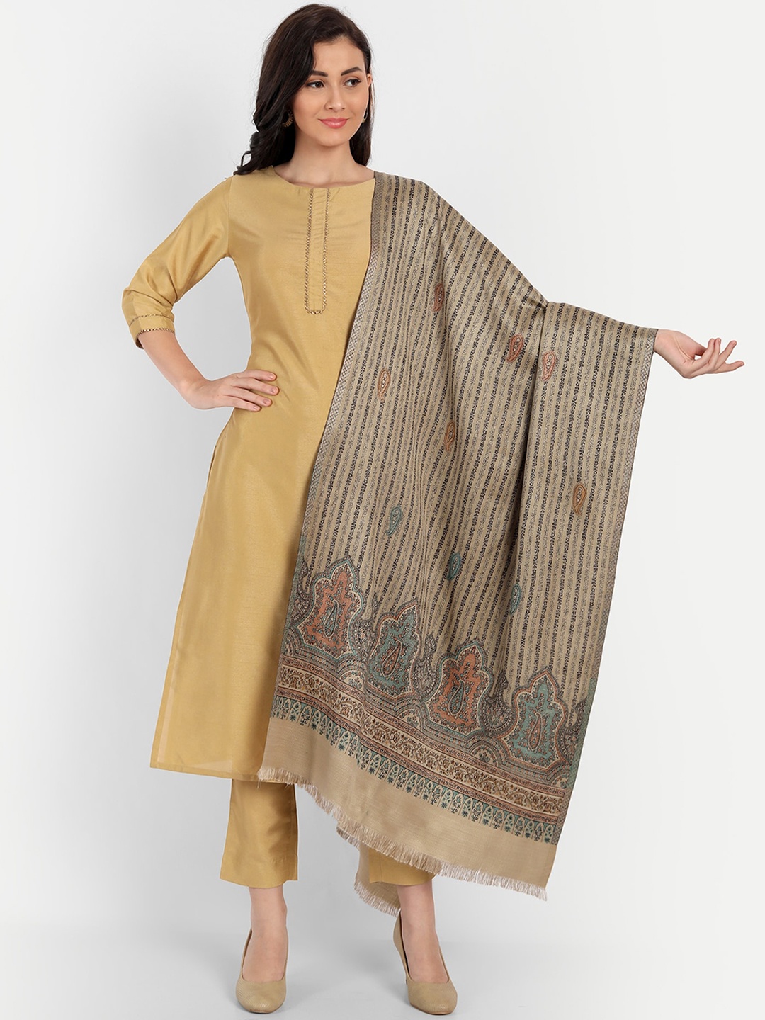 

HK colours of fashion Women Woven Design Shawl, Beige