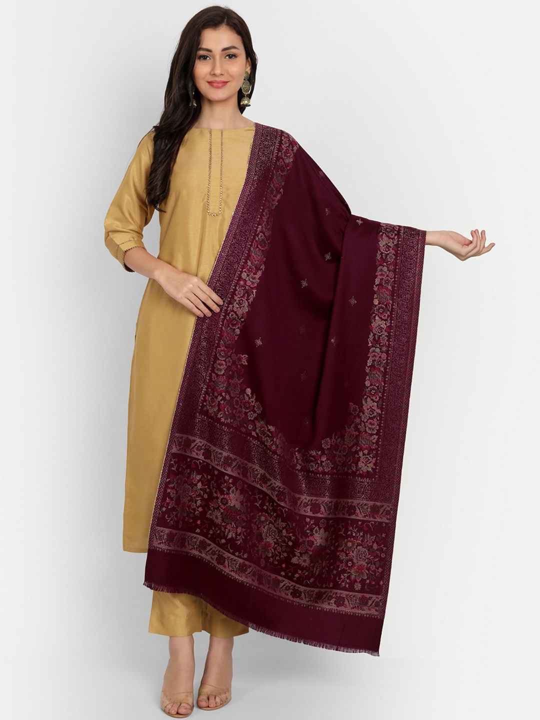 

HK colours of fashion Women Floral Woven-Design Shawl, Coffee brown