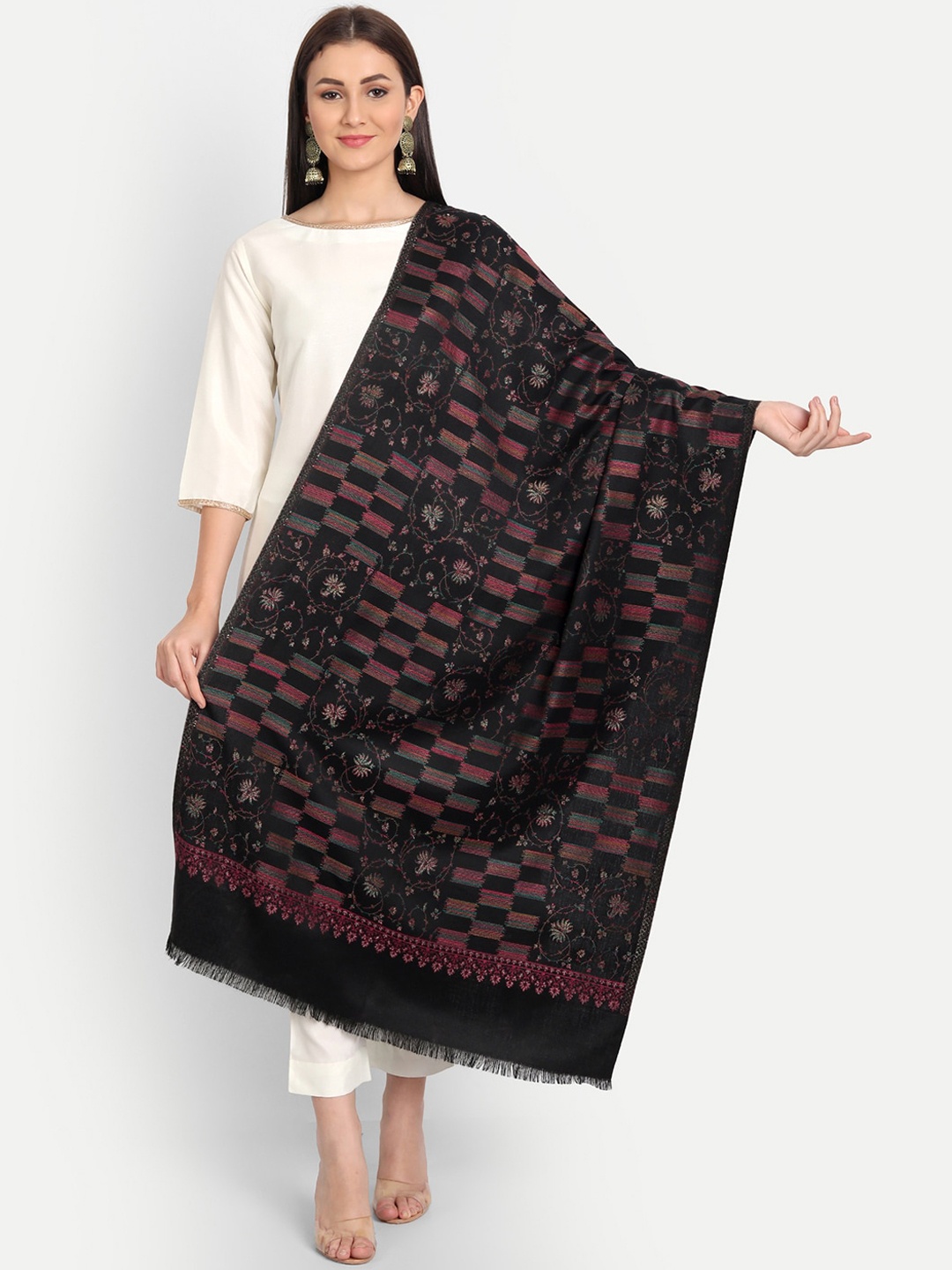 

HK colours of fashion Women Woven Design Pashmina Shawl, Black