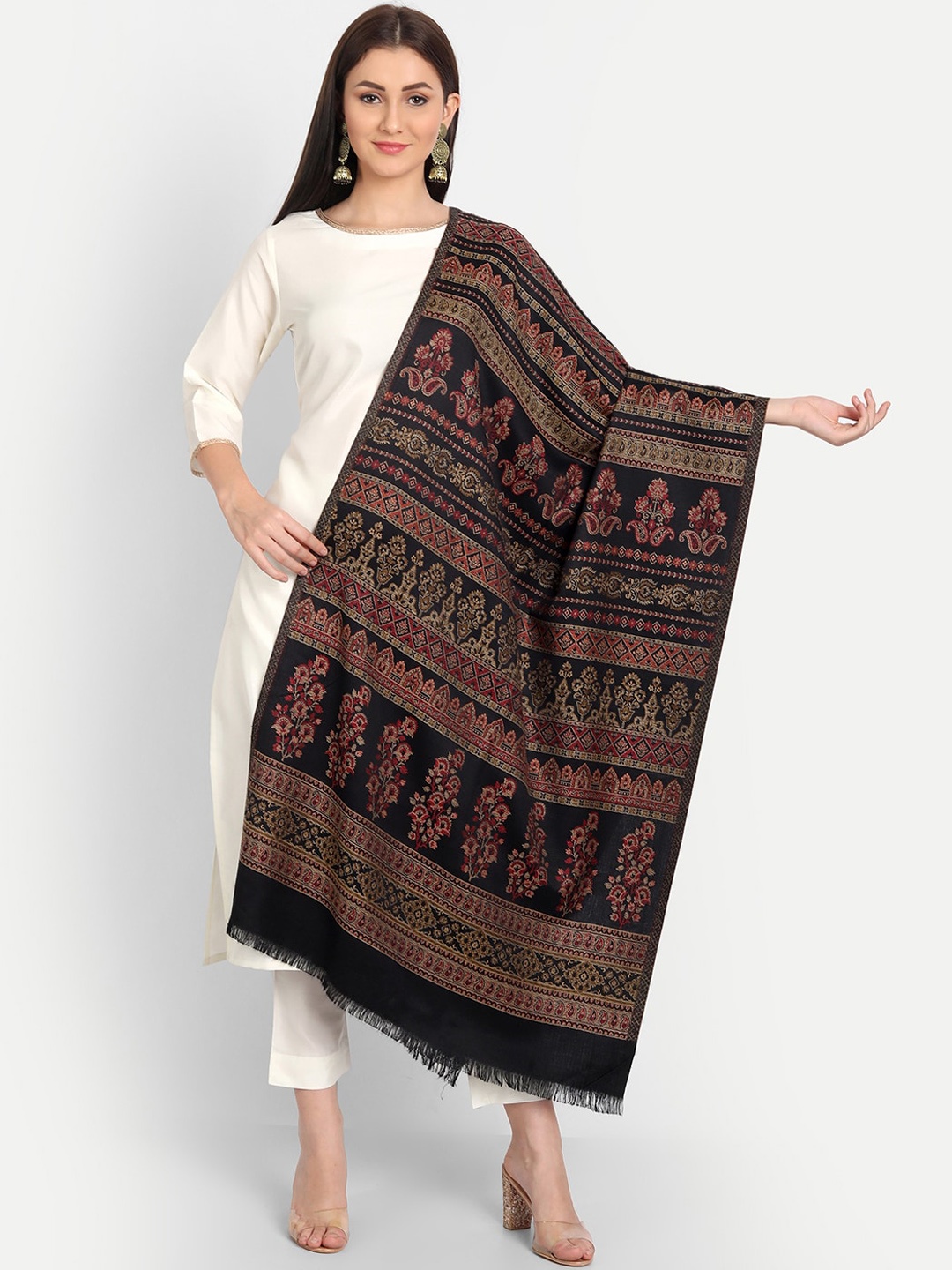 

HK colours of fashion Women Floral Motifs Woven Design Wool Shawl, Black