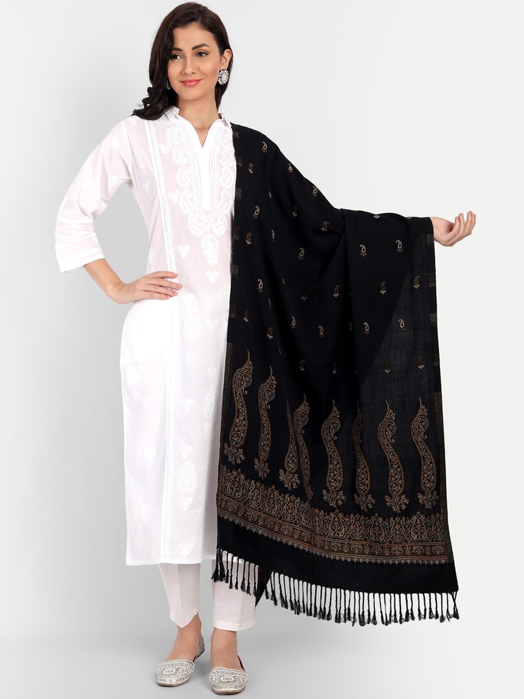 

HK colours of fashion Women Paisley Border Woven Design Wool Shawl, Black