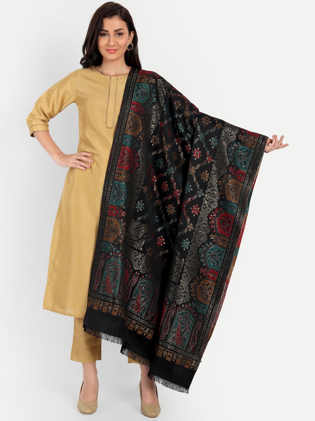 

HK colours of fashion Women Ethnic Motif Woven Design Shawl, Black