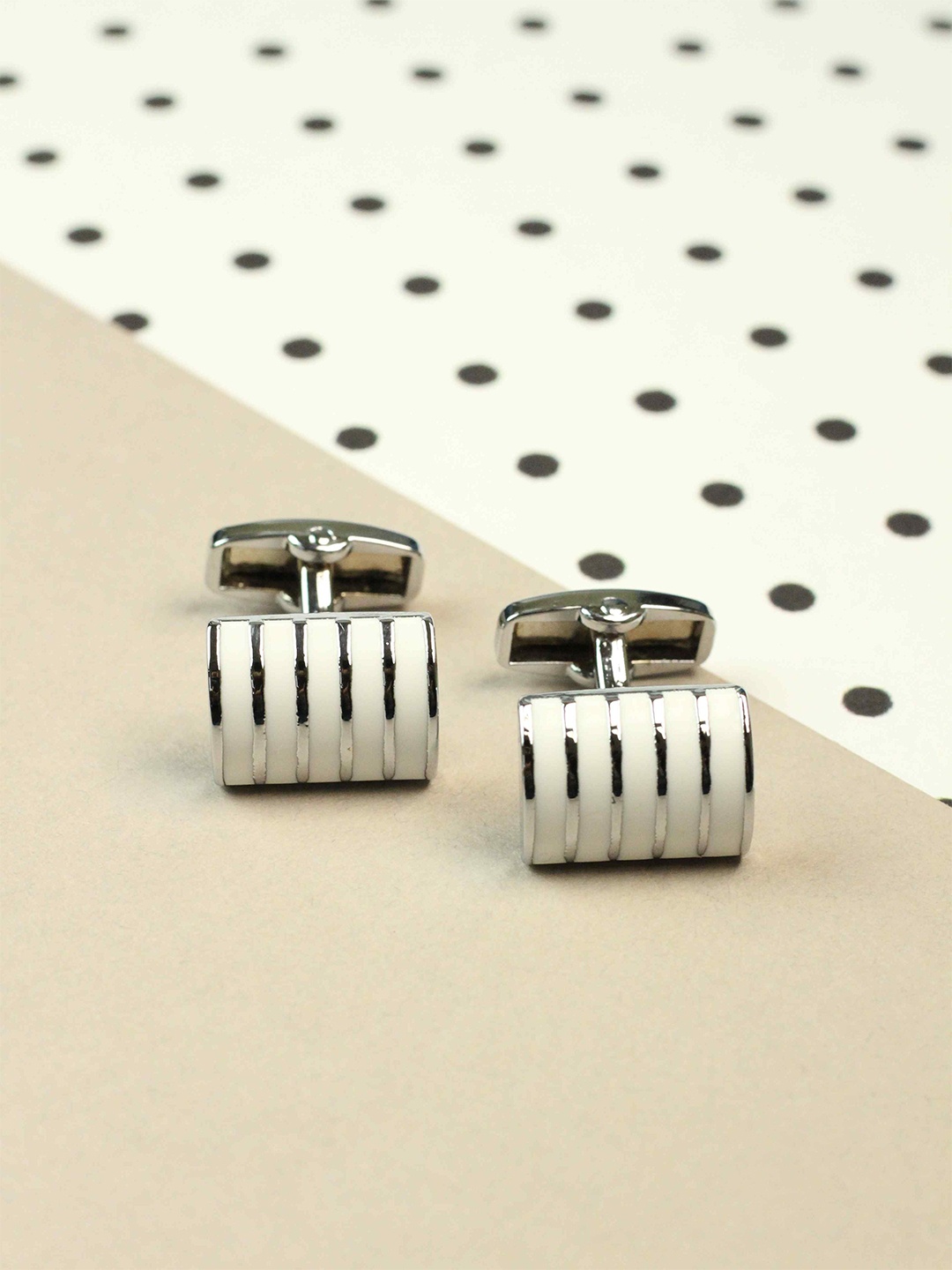 

Tossido Men Striped Brass Metal Premium Geometric Cufflink, White