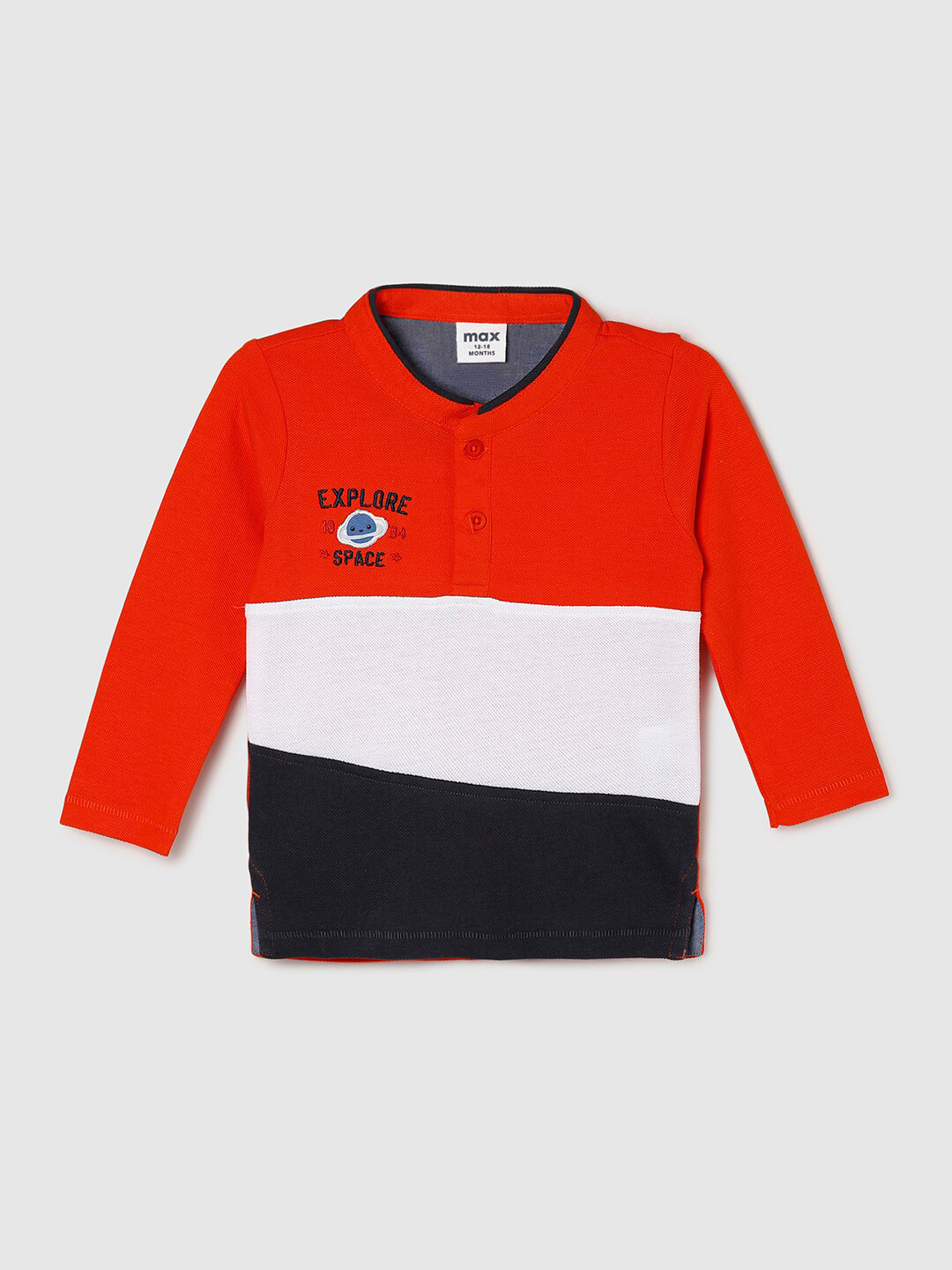 

max Boys Colourblocked Mandarin Collar Cotton T-shirt, Red