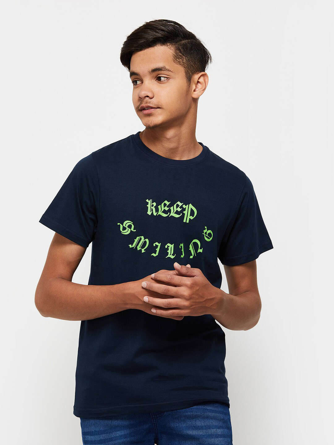 

max Boys Typography Printed Cotton T-shirt, Navy blue