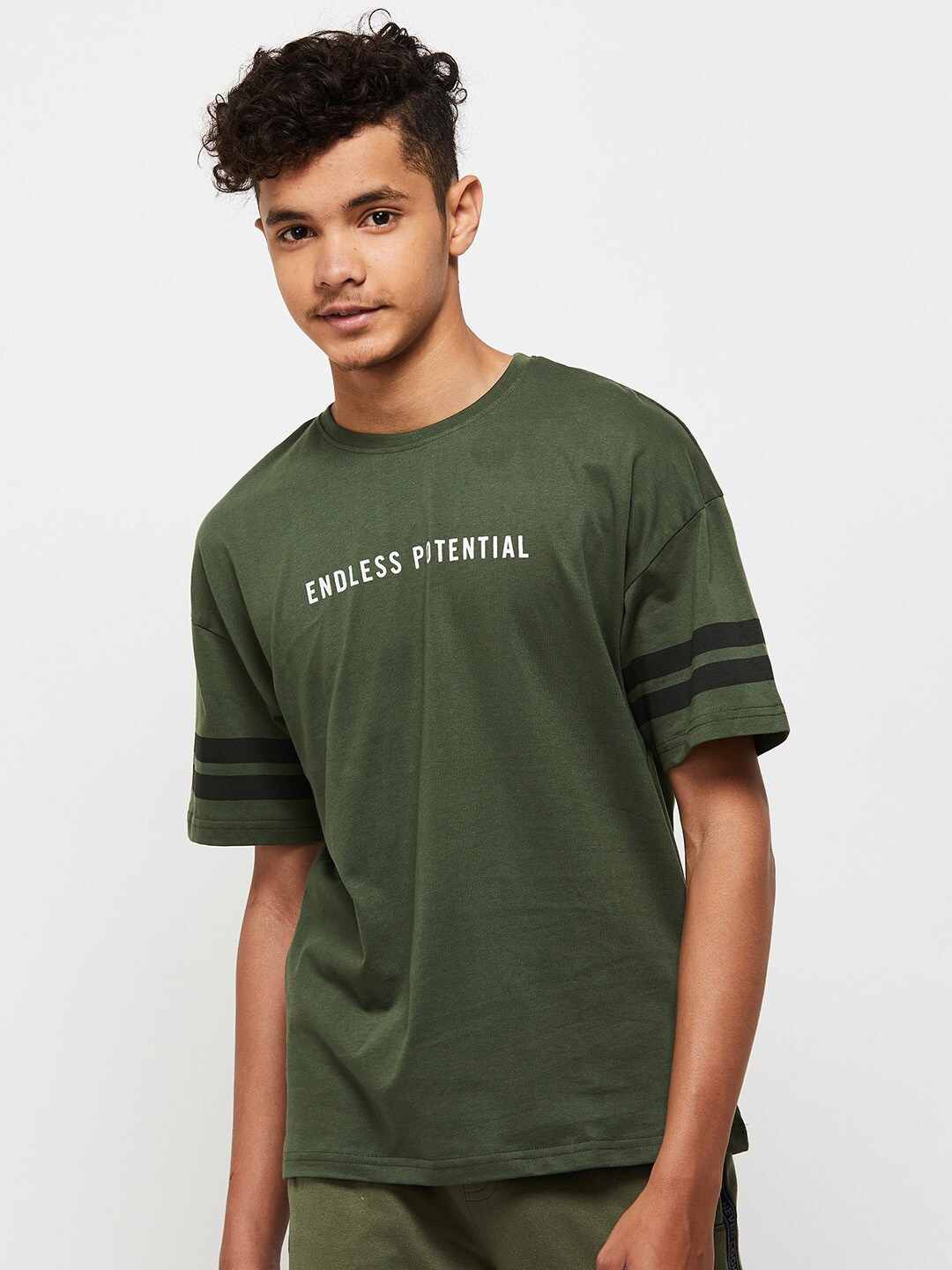 

max Boys Typography Printed Pure Cotton T-shirt, Olive