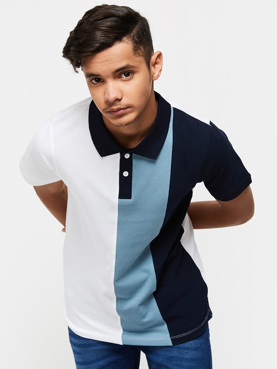 

max Boys Colourblocked Polo Collar Cotton T-shirt, Blue