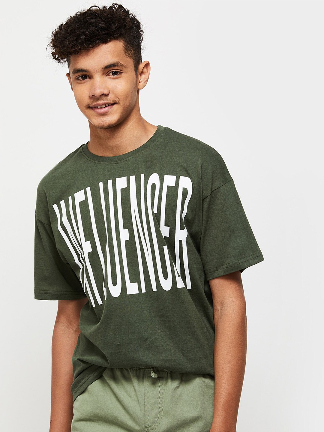

max Boys Typography Printed Pure Cotton T-shirt, Olive