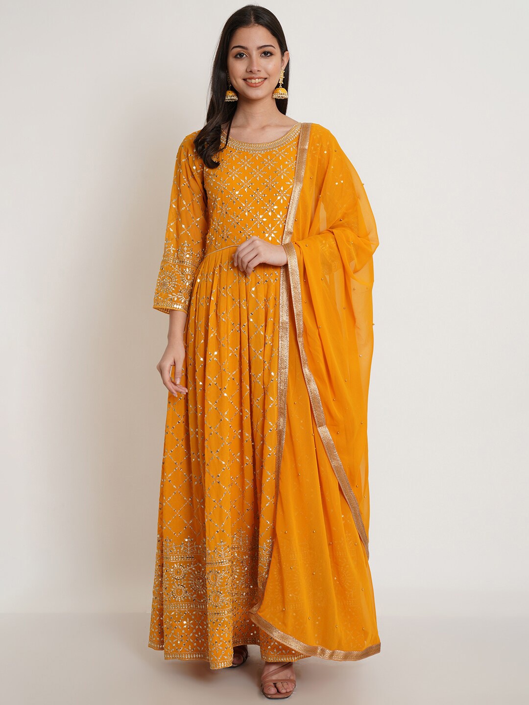 

Purple State Women Yellow Ethnic Motifs Embroidered Pleated Kurta with Churidar & Dupatta