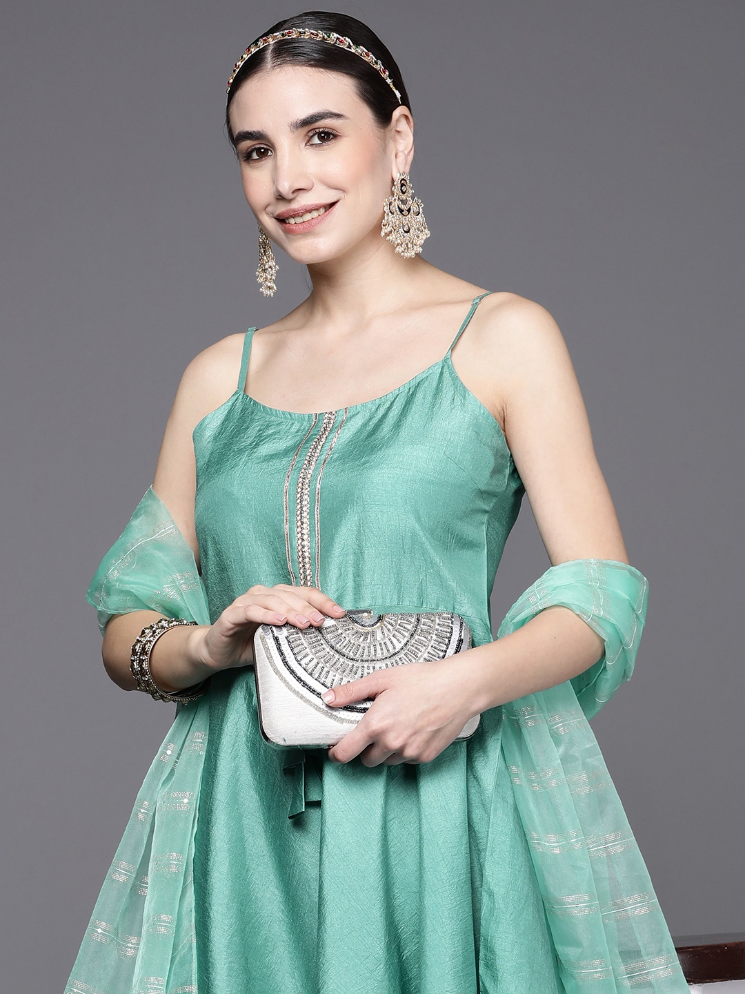 

Indo Era Women Sea Green Empire Gotta Patti Kurta with Sharara & With Dupatta