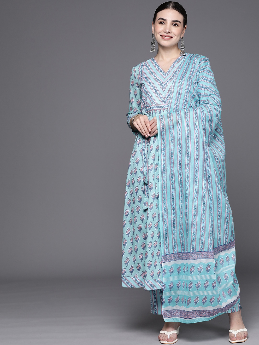 

Indo Era Women Blue Printed Panelled Pure Cotton Kurta with Trousers