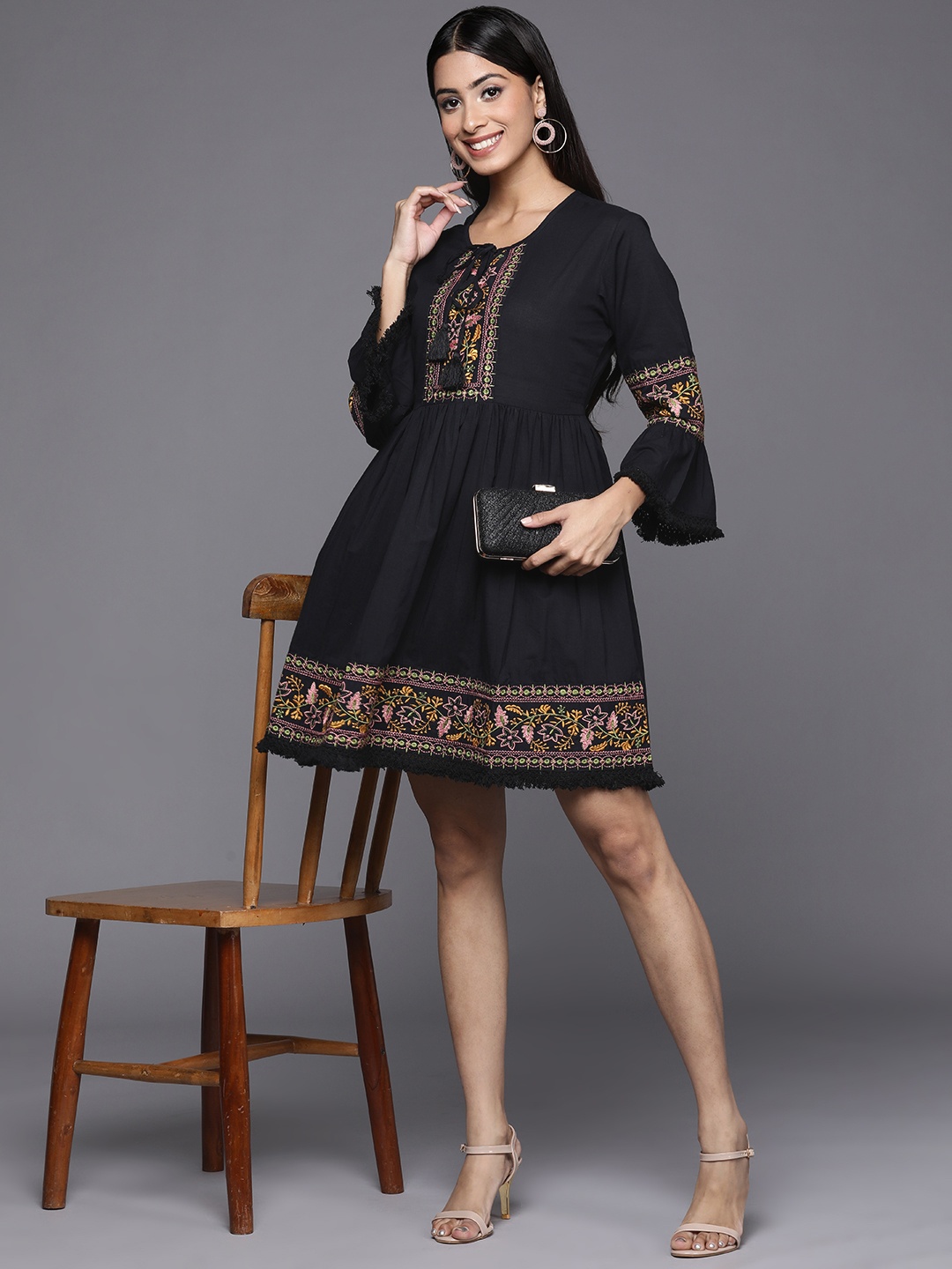 

Indo Era Woman Embroidered Tie-Up Neck A-Line Pure Cotton Ethnic Dress, Black