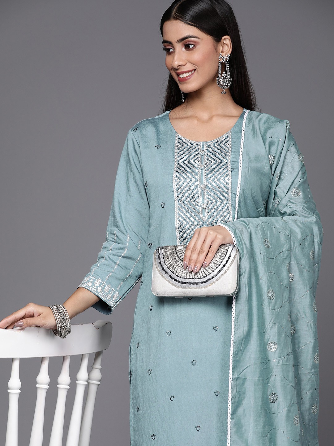 

Indo Era Women Blue Embroidered Sequinned Chanderi Cotton Kurta with Trousers & With Dupatta