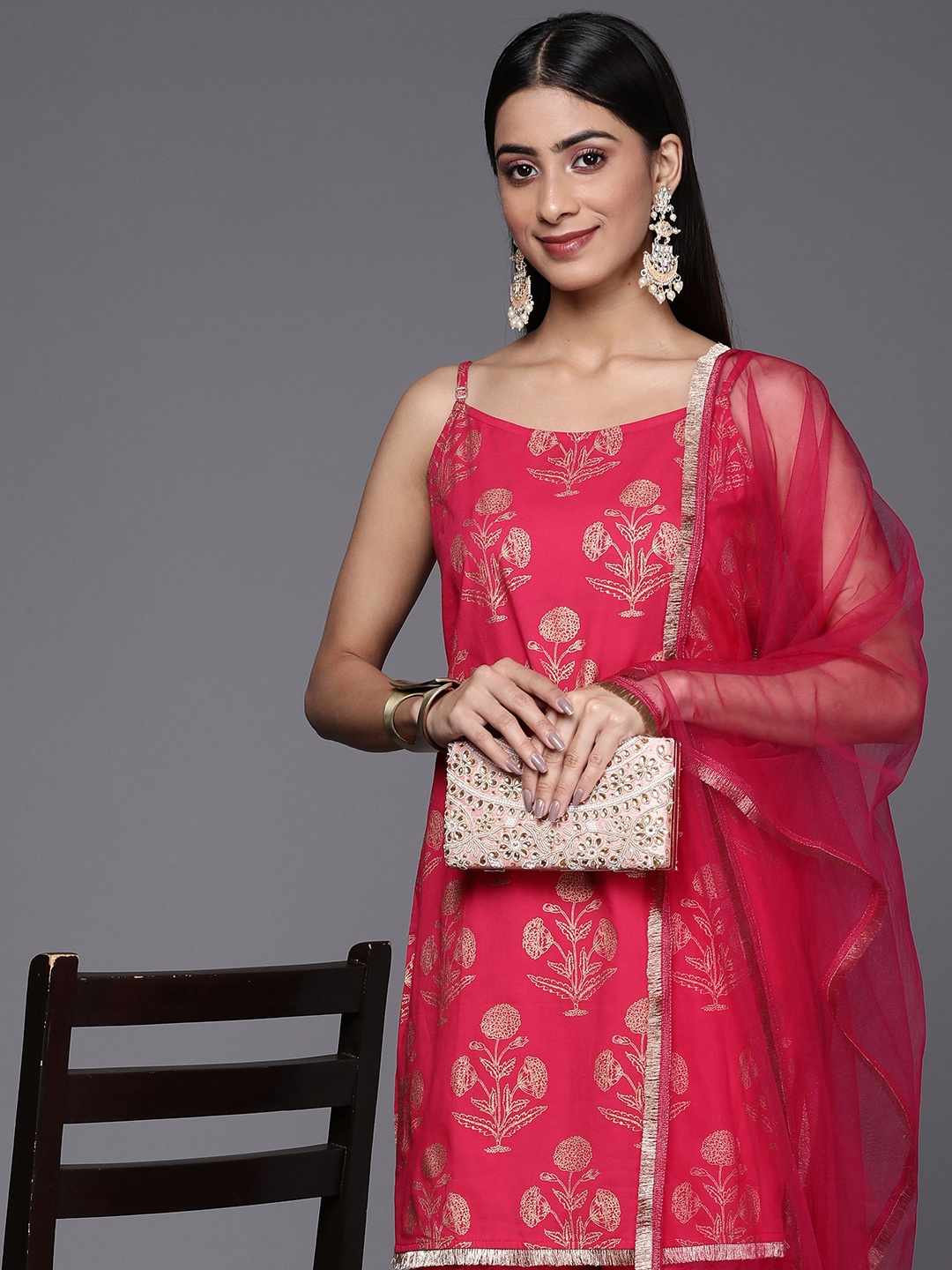 

Indo Era Women Red Ethnic Motifs Printed Pure Cotton Kurta with Sharara & With Dupatta