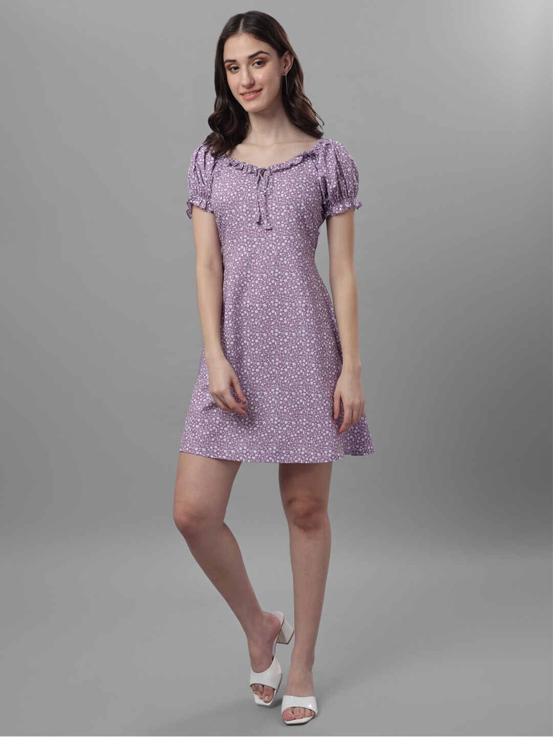 

Masakali Co Women Floral Printed Crepe A-Line Dress, Purple