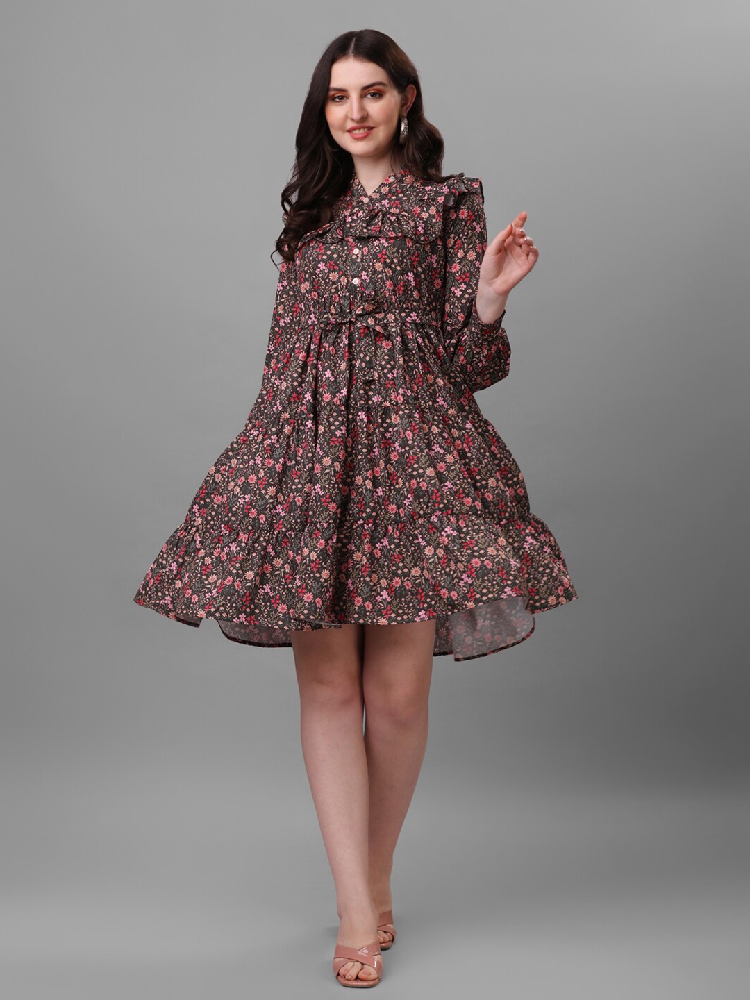 

Masakali Co Women Floral Printed Crepe Empire Dress, Brown