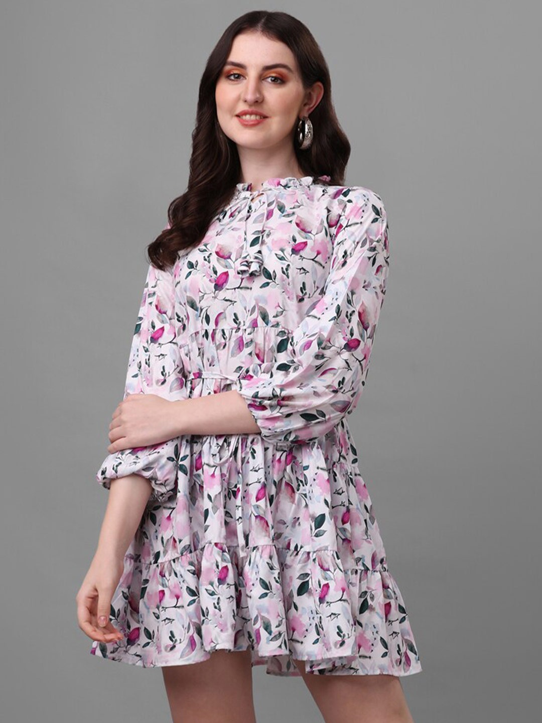 

Masakali Co Women Floral Print Tie-Up Neck Crepe Empire Dress, White