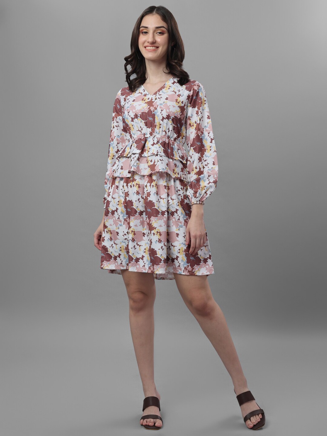 

Masakali Co Women Floral Printed Crepe A-Line Dress, Brown
