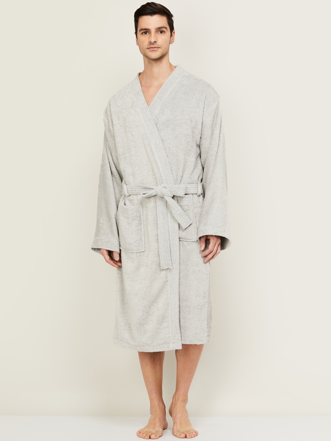 

Home Centre Men Textured Pure Cotton Bath Robe, Grey