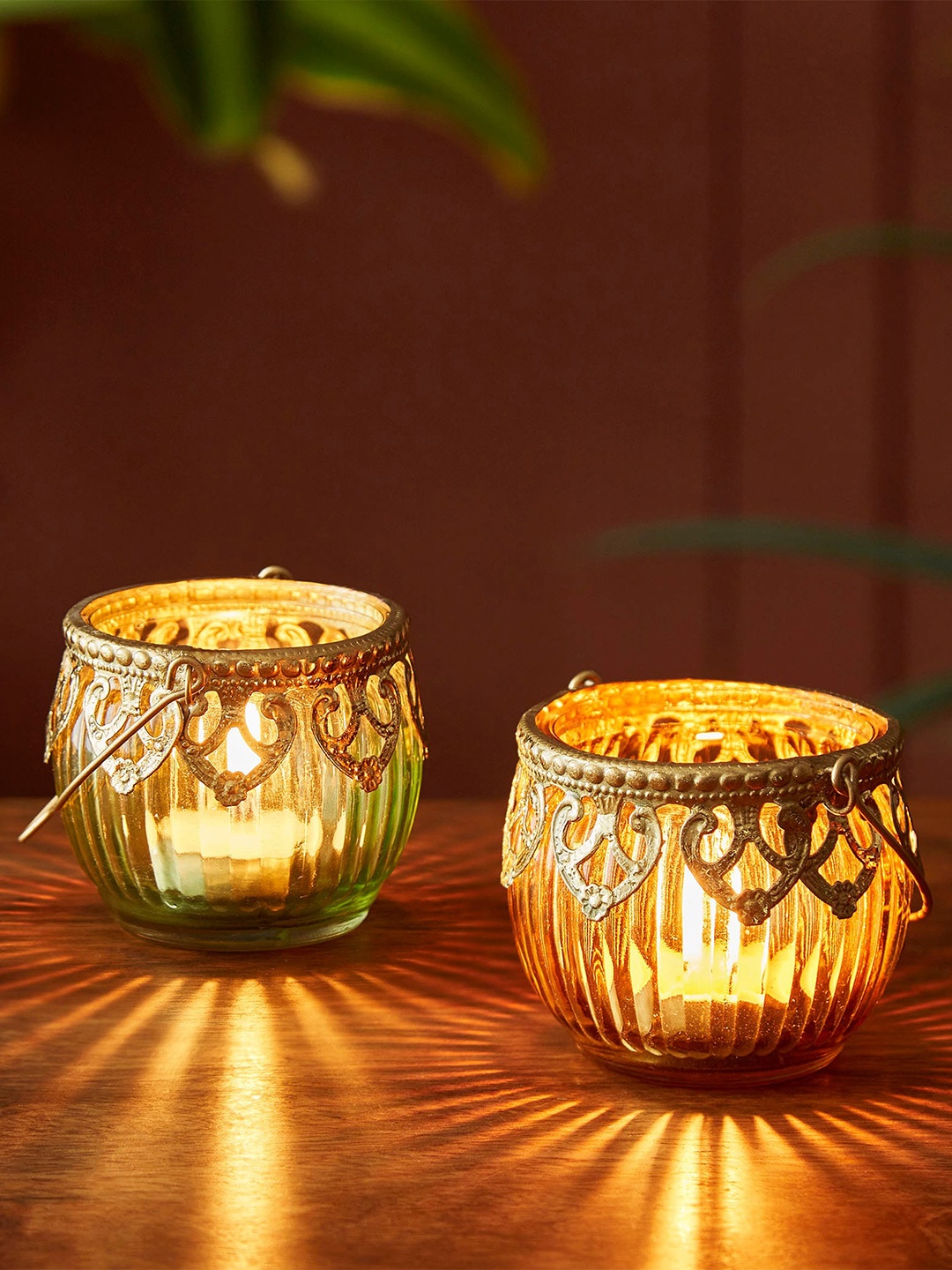 

Home Centre Set Of 2 Textured T-Light Candle Holders, Gold