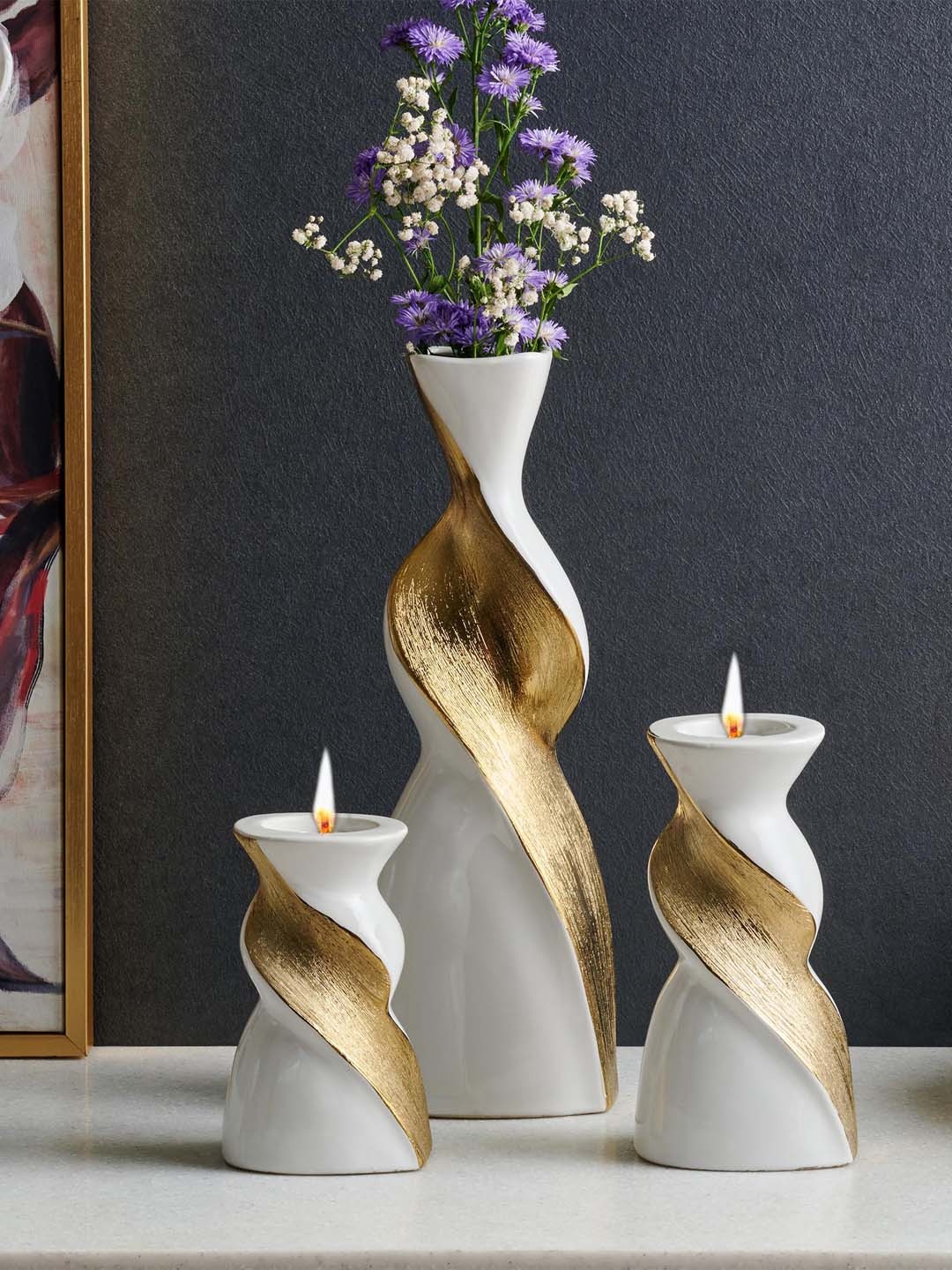 

Home Centre Fantasy Twisted Vase and T-Light Holder - Set of 3, White