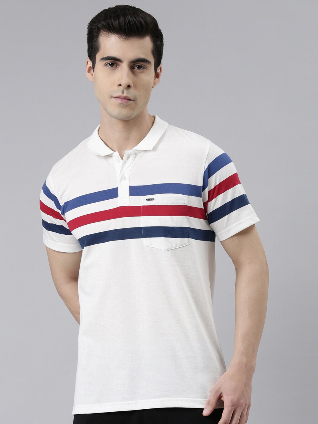 

Proline Active Men Striped Polo Collar Everfresh T-shirt, Off white