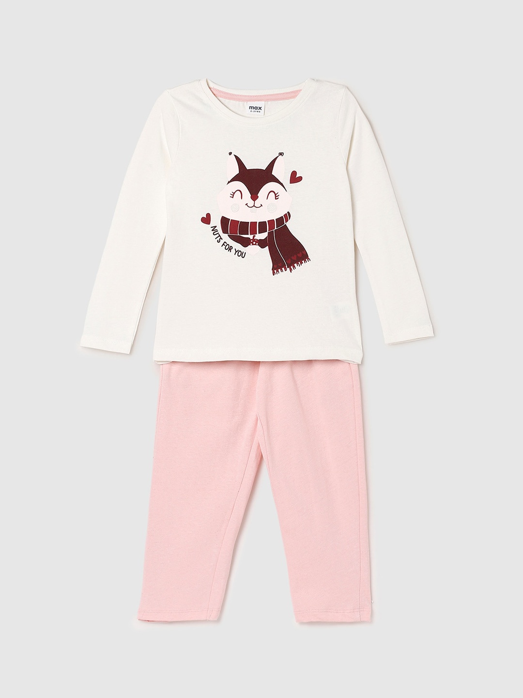 

max Girls Printed Pure Cotton Night suit, Cream