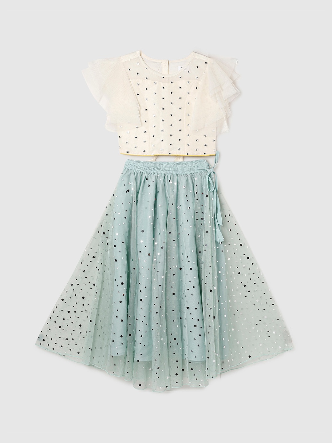 

max Girls White & Sea Green Embellished Top with Skirt