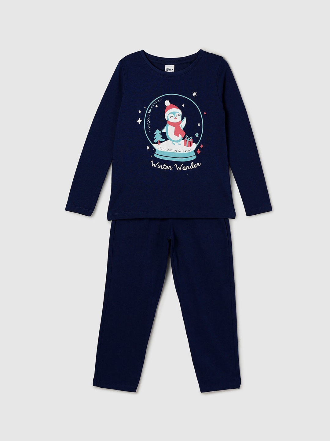 

max Girls Printed Pure Cotton Night suit, Blue
