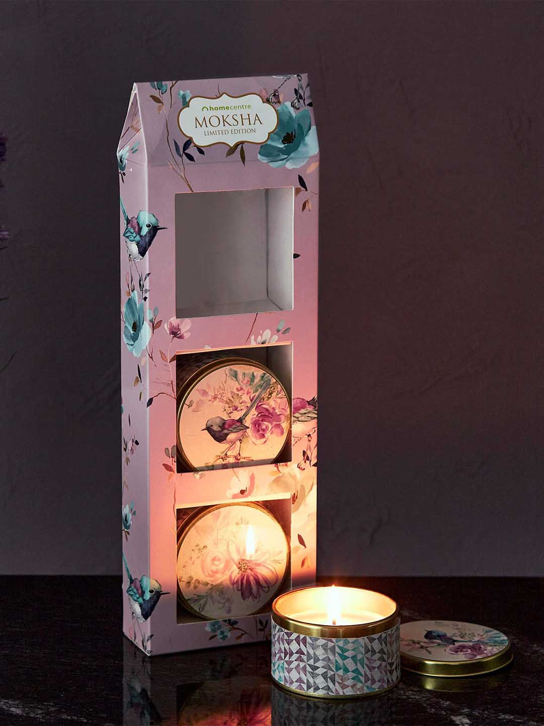

Home Centre Set of 3 Printed Scented Candles With Tin Lid, Purple
