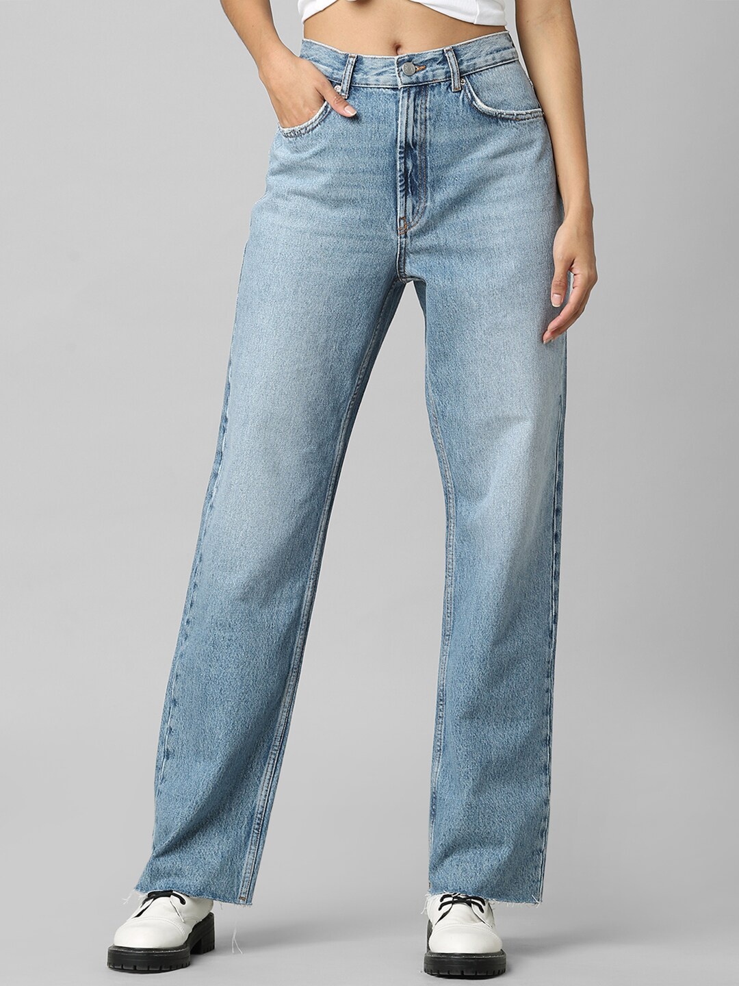 

ONLY Women Blue Straight Fit High-Rise Low Distress Heavy Fade Jeans