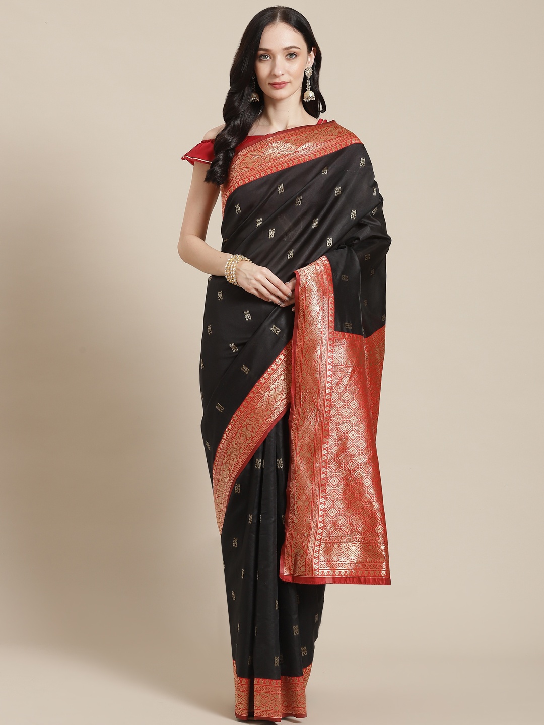 

APPLIX STYLE Black & Red Ethnic Motifs Zari Silk Blend Banarasi Saree