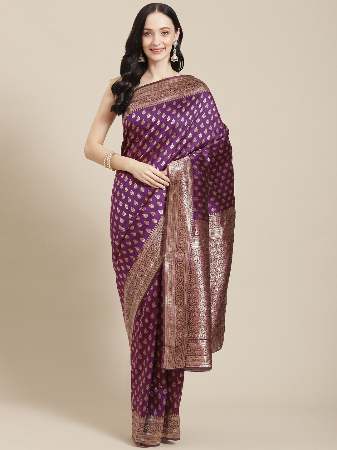 

APPLIX STYLE Purple & Gold-Toned Ethnic Motifs Zari Silk Blend Banarasi Saree