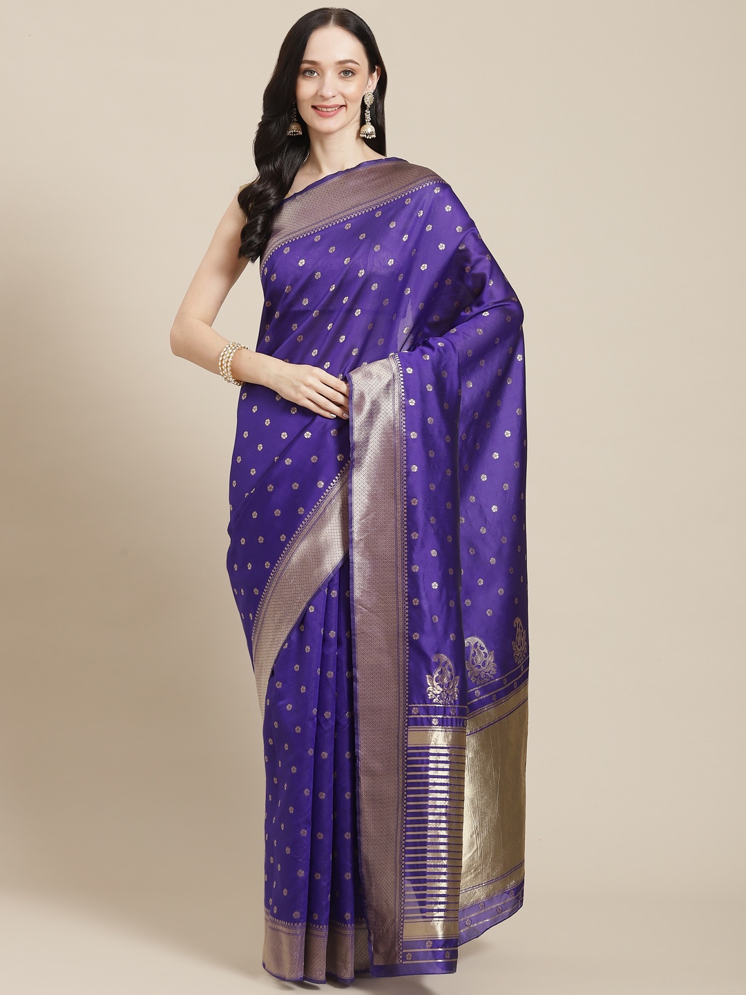 

APPLIX STYLE Blue & Gold-Toned Ethnic Motifs Zari Silk Blend Banarasi Saree