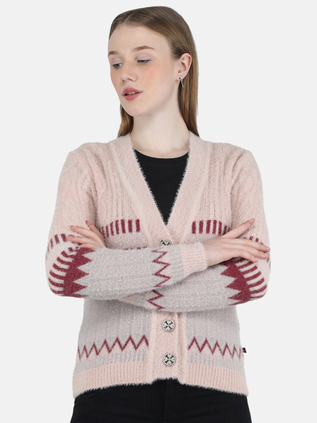 

Monte Carlo Plus-Size Women Cable Knit Cardigan, Pink
