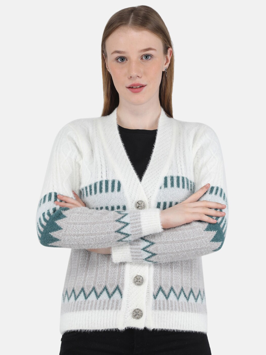 

Monte Carlo Women White & Blue Printed Cardigan