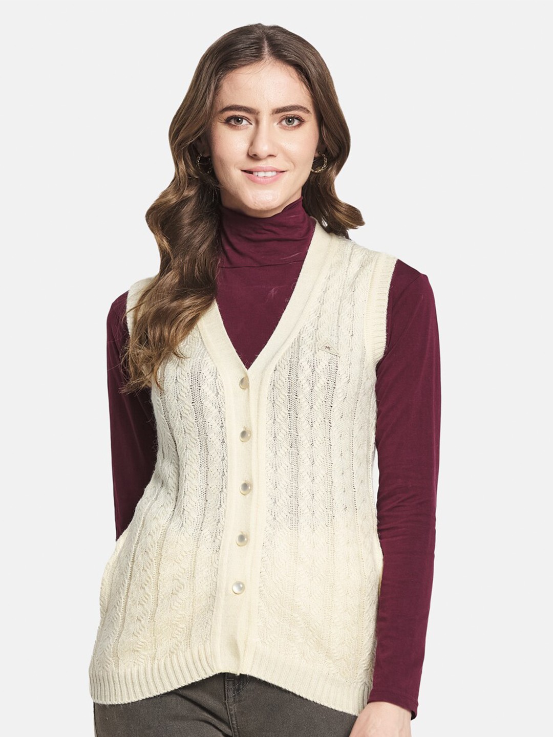 

Monte Carlo Women Off White Self Design V-Neck Sweater Vest