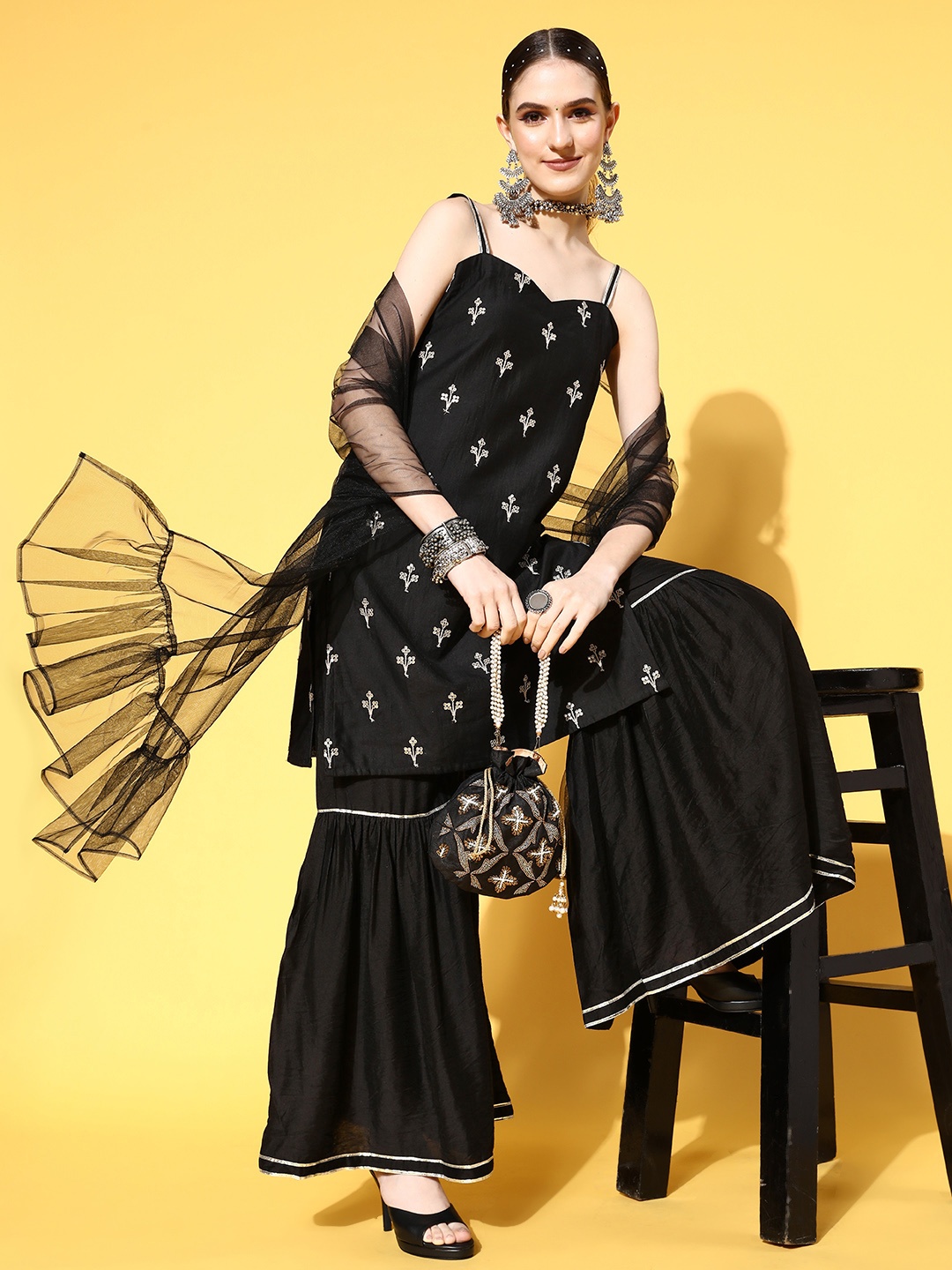 

Indo Era Women Black Floral Embroidered Sequinned Kurta with Sharara & Dupatta