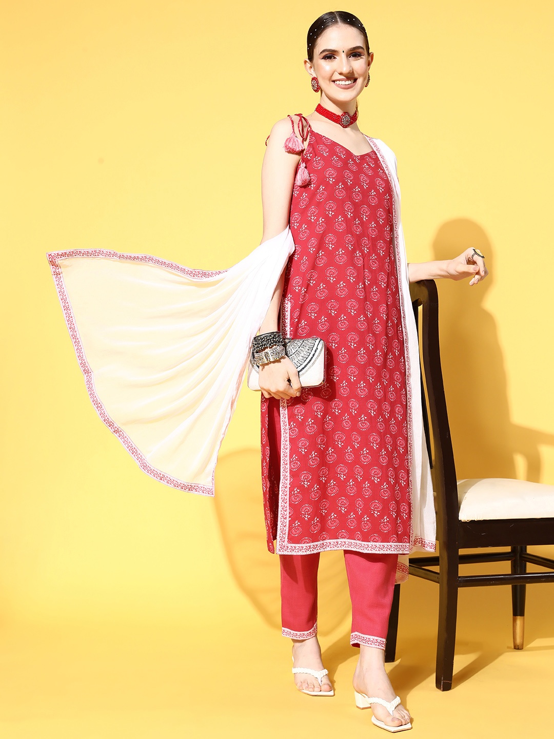 

Indo Era Women Red Ethnic Motifs Printed Pure Cotton Kurta with Sharara & Dupatta