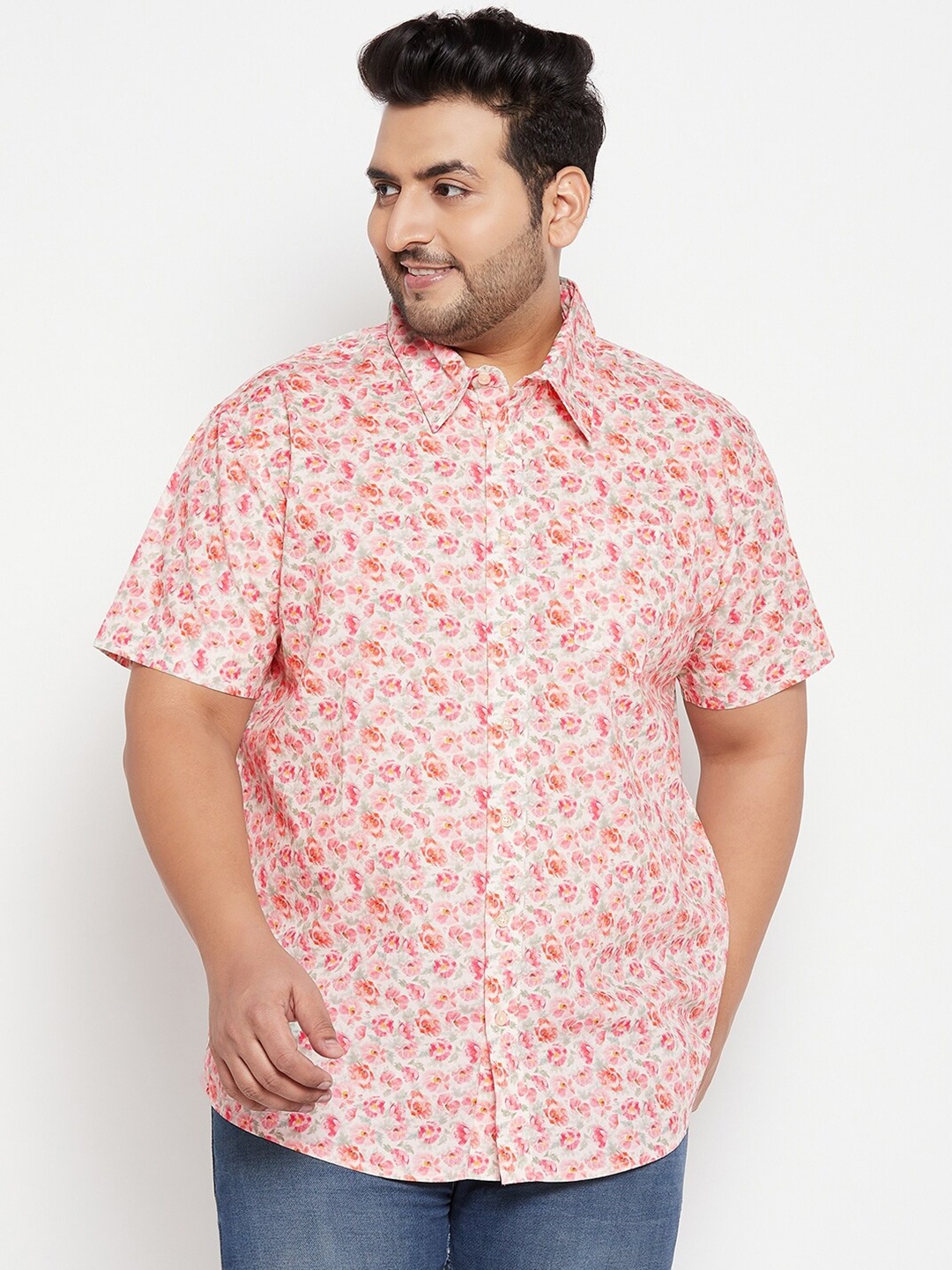 

bigbanana Men Kamray Plus Size Floral Printed Pure Cotton Casual Shirt, White