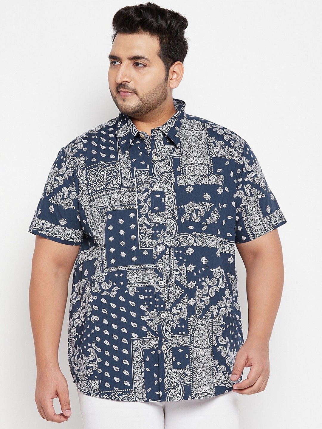 

bigbanana Men Plus Size Printed Pure Cotton Casual Shirt, Navy blue