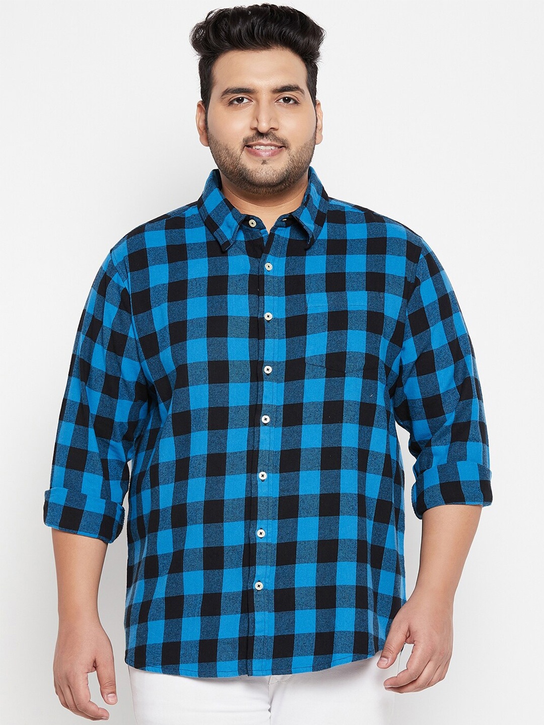 

bigbanana Men Plus Size Buffalo Checks Pure Cotton Casual Shirt, Blue