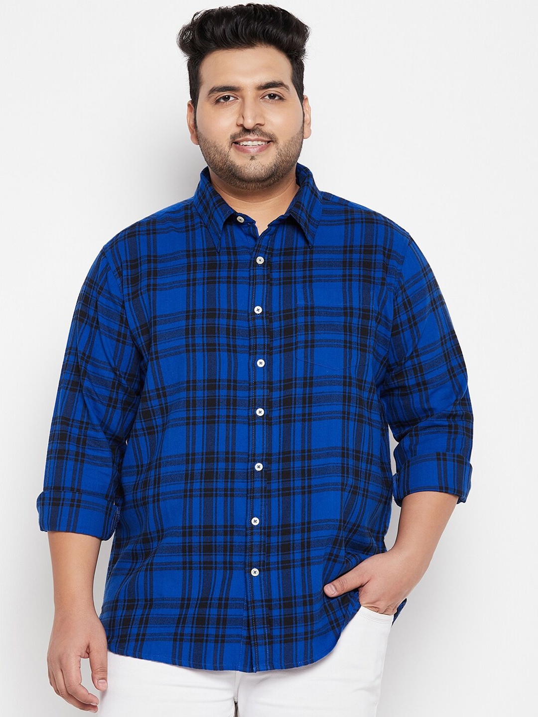 

bigbanana Catania Men Plus Size Tartan Checks Pure Cotton Casual Shirt, Blue