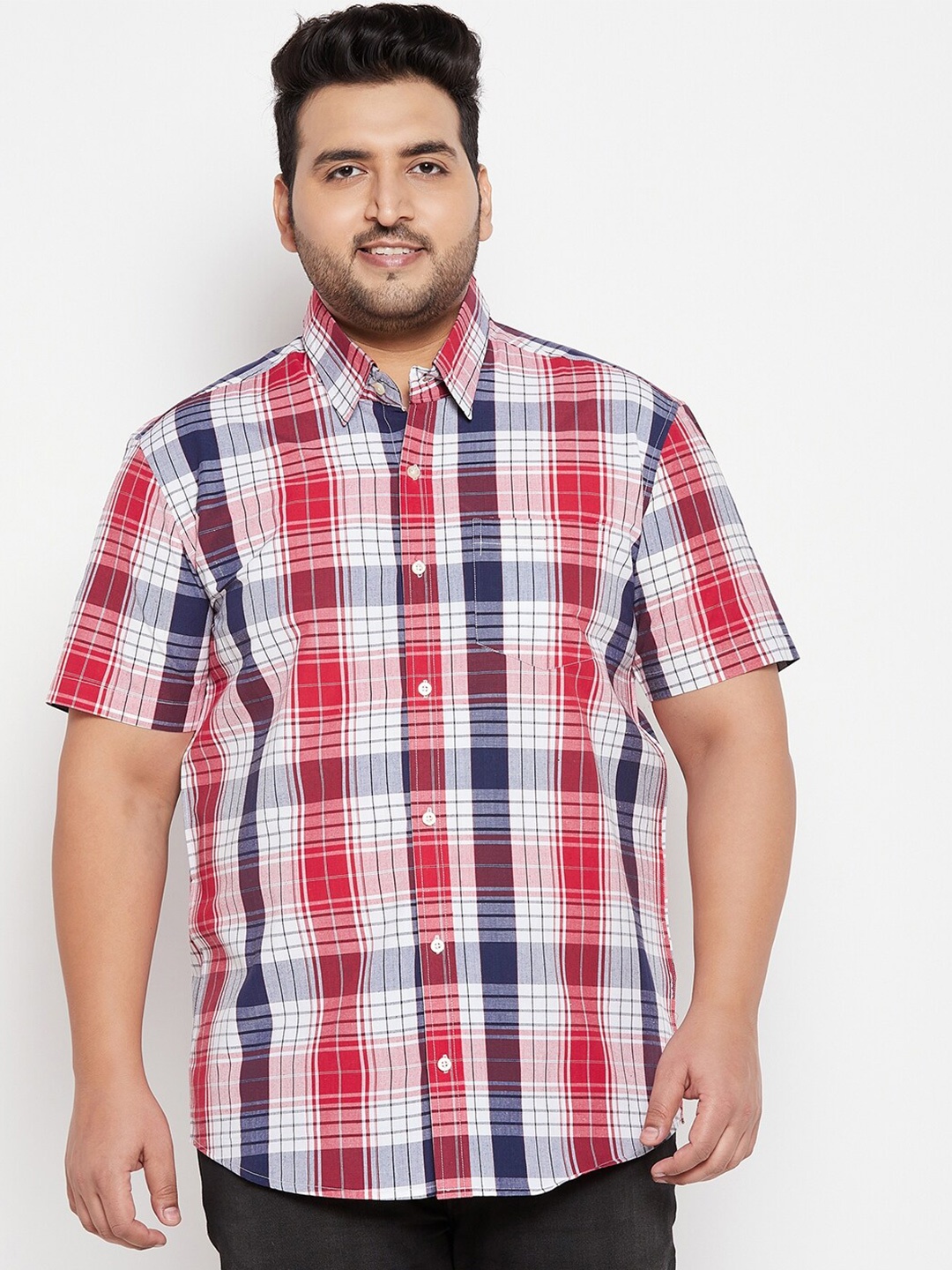 bigbanana Men Plus Size Tartan Checks Pure Cotton Casual Shirt, Red