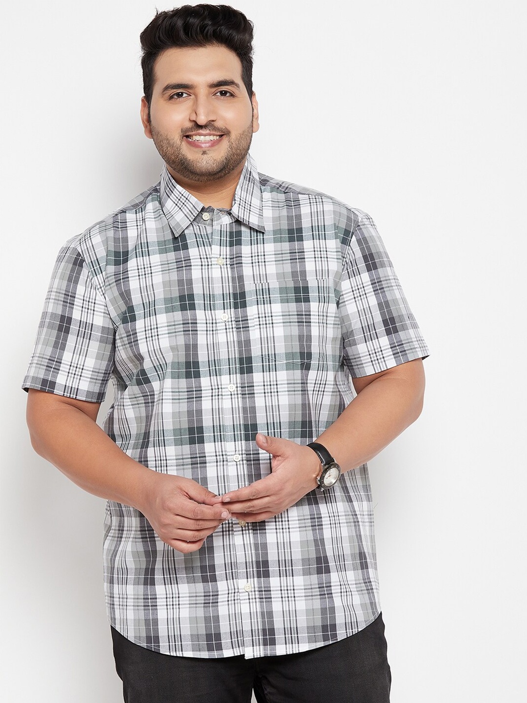

bigbanana Men Plus Size Tartan Checks Pure Cotton Casual Shirt, White
