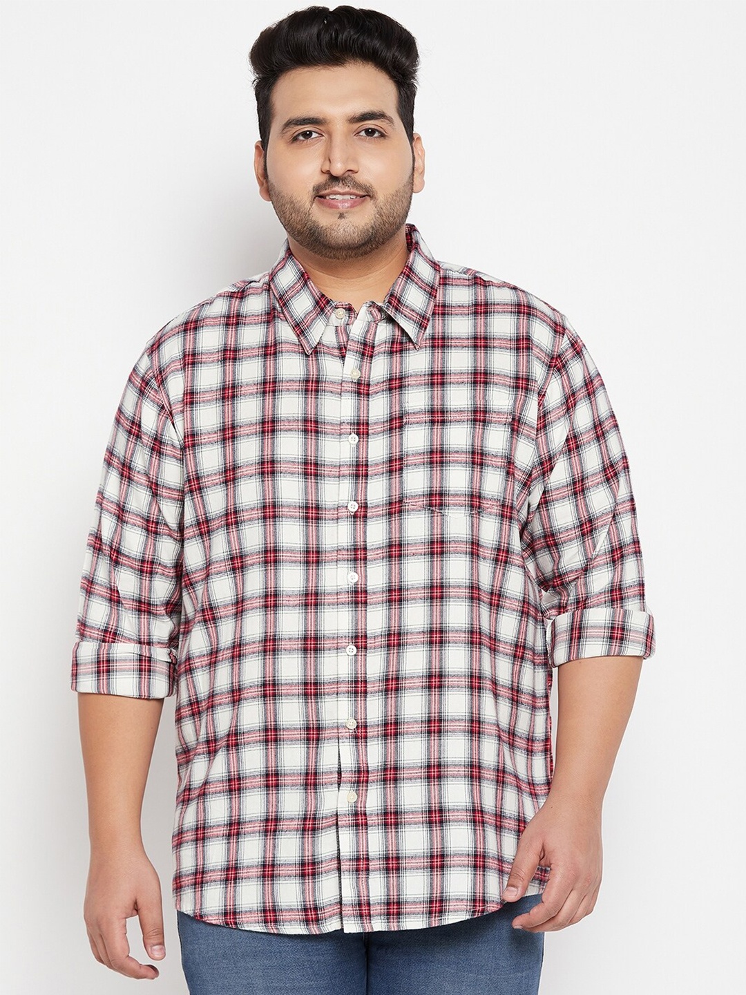 

bigbanana Yadial Men Plus Size Tartan Checks Pure Cotton Casual Shirt, White
