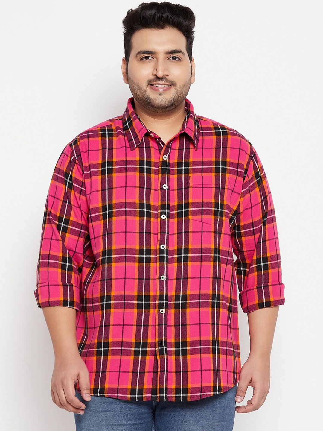 bigbanana Men Plus Size Tartan Checks Pure Cotton Casual Shirt, Pink