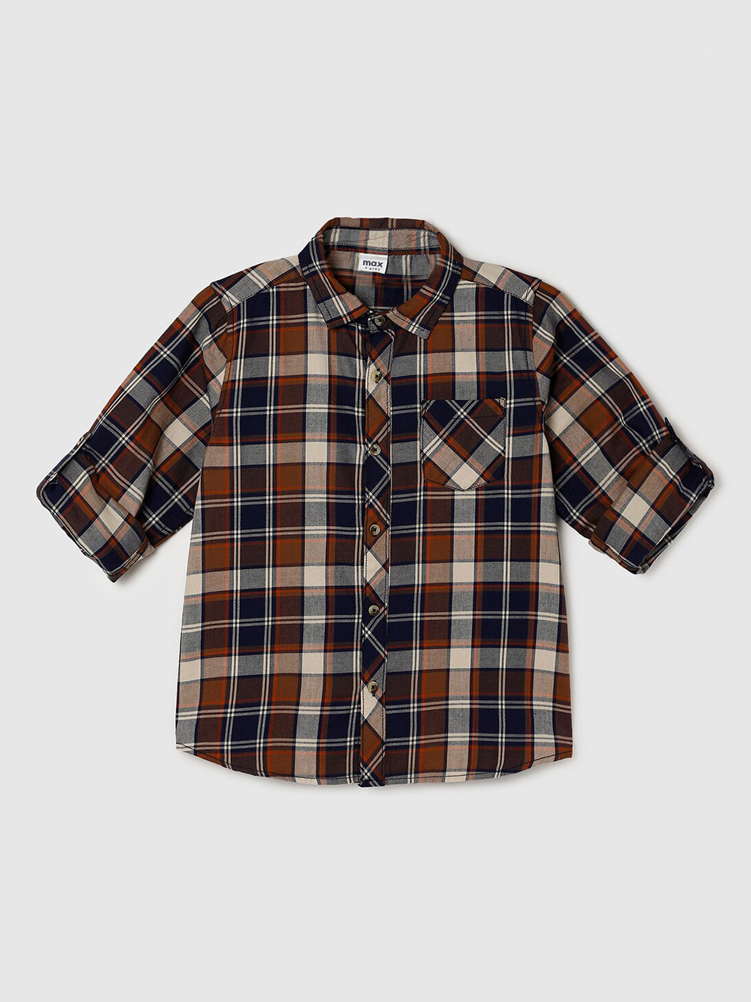 

max Boys Tartan Checks Pure Cotton Casual Shirt, Navy blue