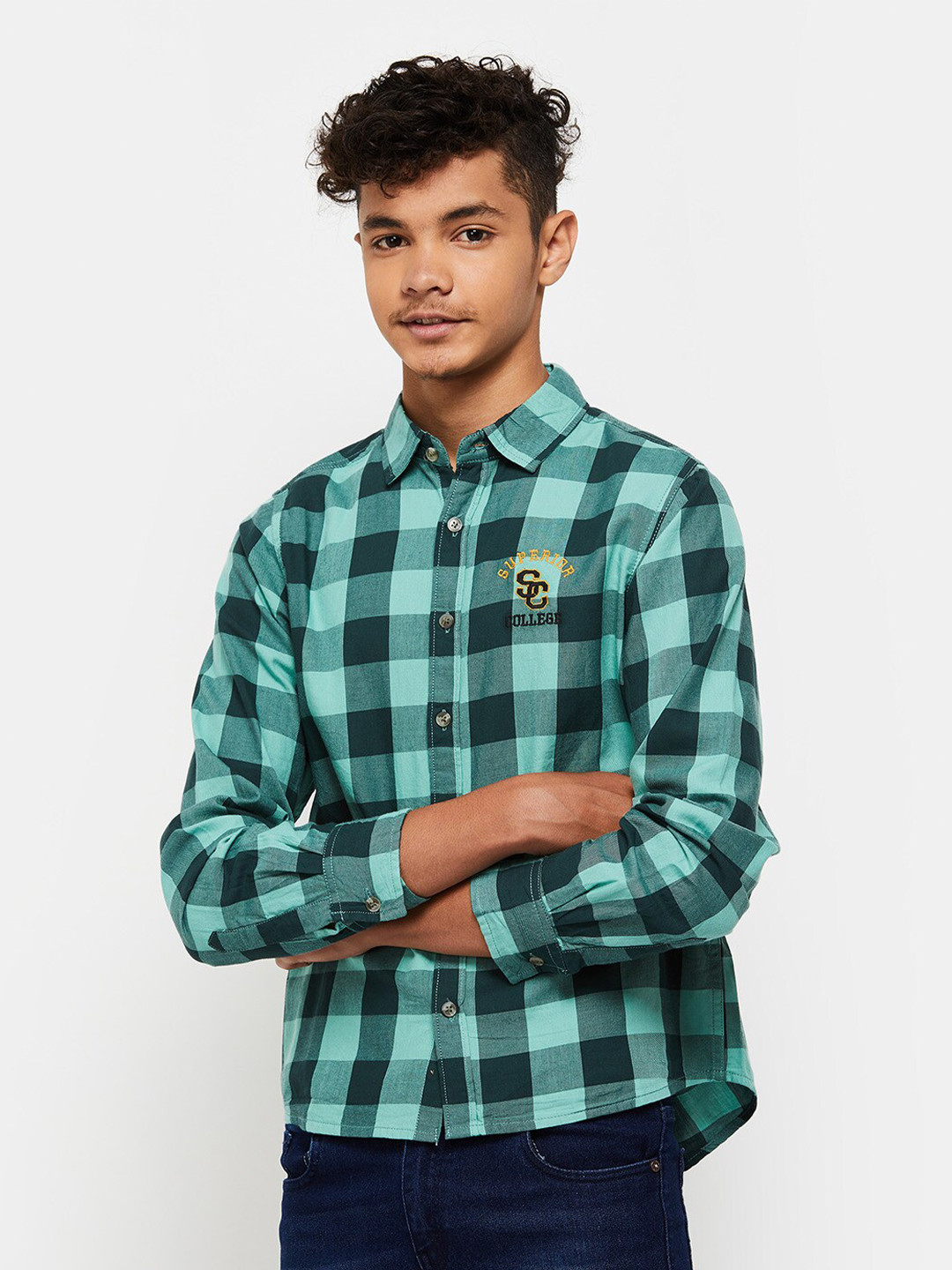 

max Boys Buffalo Checks Pure Cotton Casual Shirt, Teal